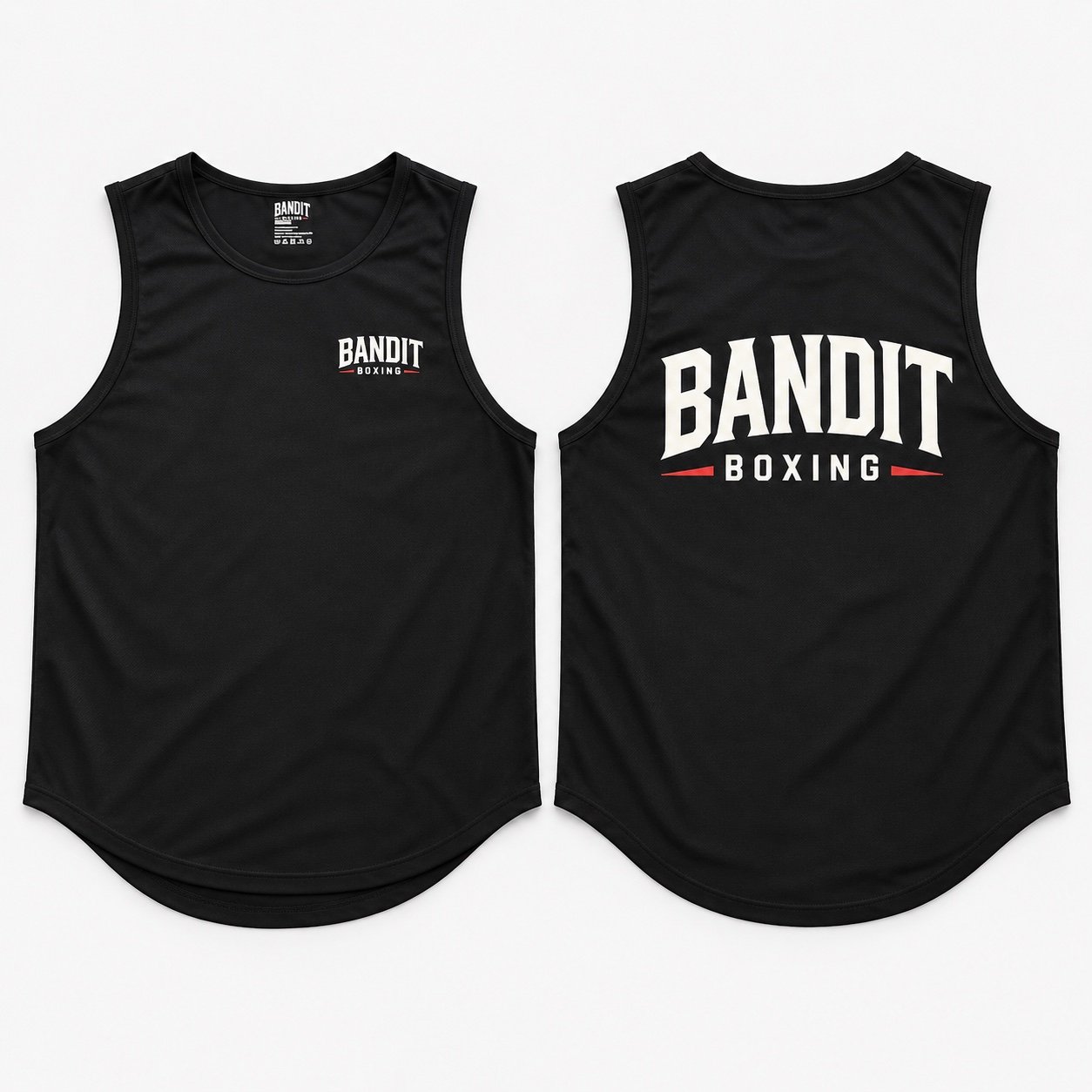 Front and back views of the black Bandit Boxing sleeveless shirt