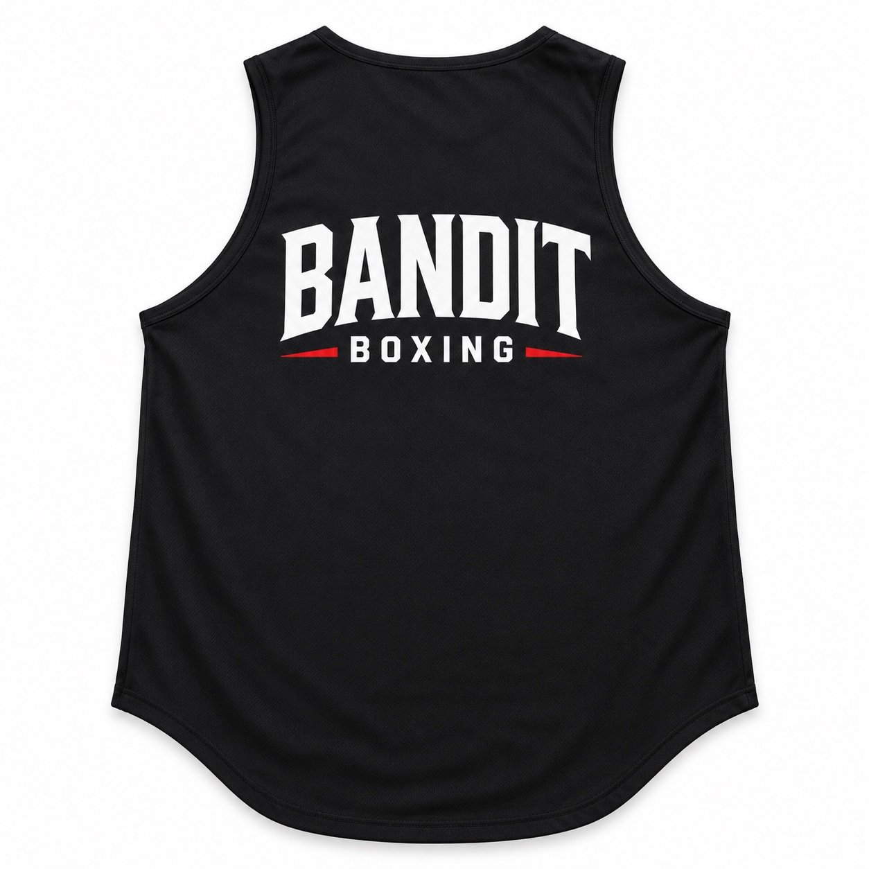 Back of black sleeveless shirt with large white and red Bandit Boxing logo